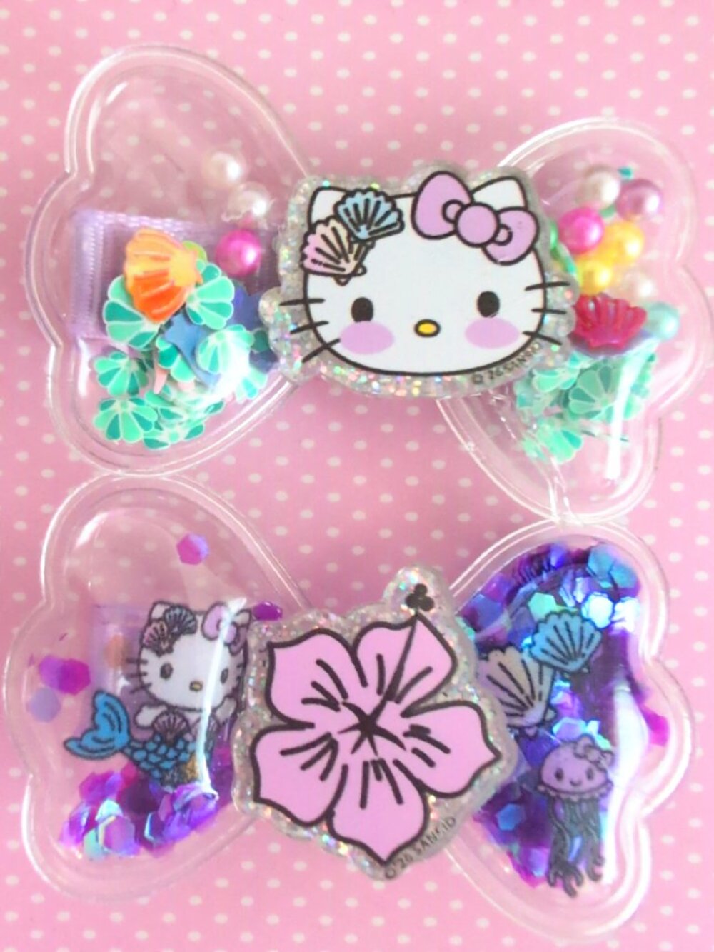 Hello Kitty Barrettes Mermaid PVC Hair Clip 2PC Shaker Glitter Cutecore